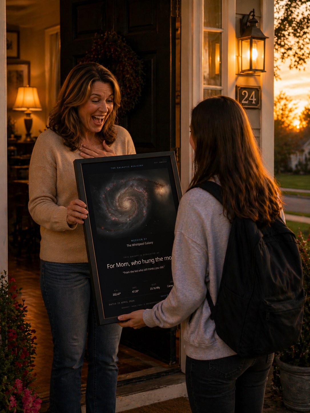 A daughter delivering a framed galaxy dedication to her mother at the doorstep